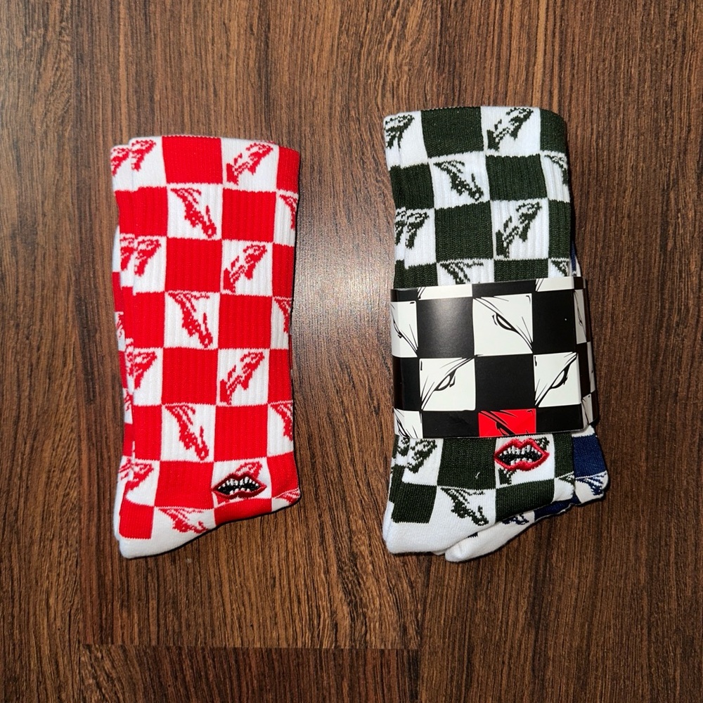 Chrome Heart Socks Checkerboard Matty 99 eyes 3 Pack Red, Blue and Green